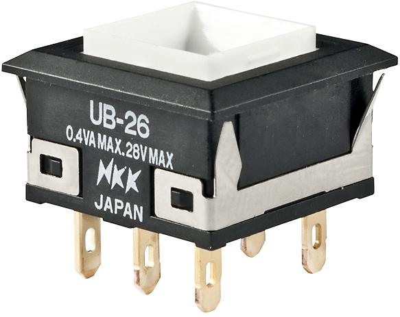 NKK Switches-UB26KKG01N Bouton commutateur poussoir Switch Push Button ON ON DPDT Square Button 0.1A 28VAC 28VDC 0.4VA Alternate Panel Mount Solder Lug