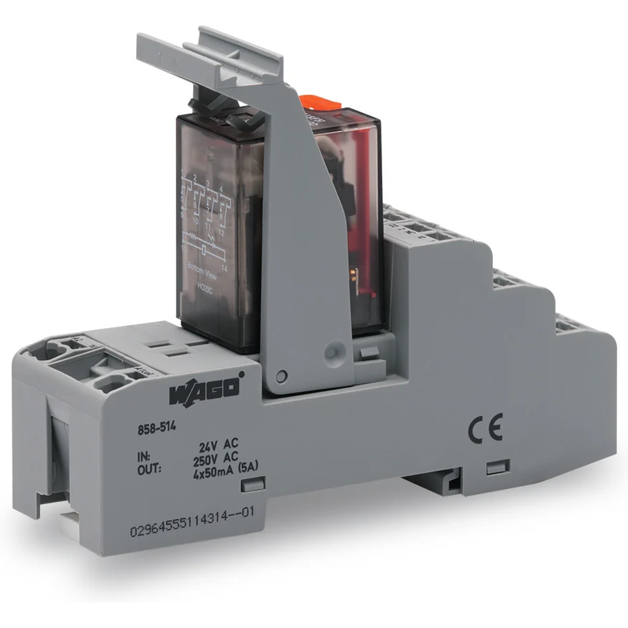 WAGO-858-514 Sonstige Relais Relay Module, Nominal input voltage 24 VAC, 4 changeover Contacts, Limiting continuous current 5 A, with gold Contacts, with manual operation, Red indicator, Module width 31 mm