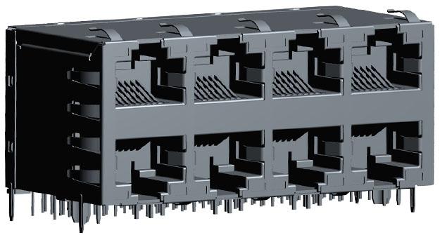 Abracon-ARJM24A1-547-AB-EW2 Telecomunicaciones y teléfono del conector Conn RJ-45 F 80 POS 1.27mm Solder RA Thru-Hole 112 Terminal 8 Port Cat 5/Cat 6 Carton