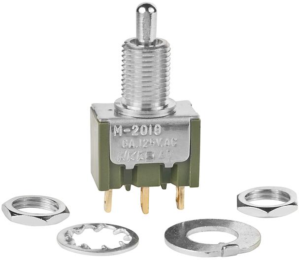 NKK Switches-M2019S2S1A01 Basculeur de commutateur Switch Toggle ON OFF (ON) SPDT Small Bat Lever Solder Lug 6A 250VAC 30VDC 0.4VA Panel Mount with Threads