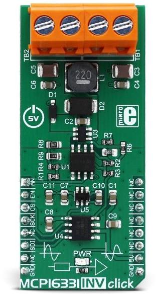 MikroElektronika-MIKROE-2917 Energiemanagement, Entwicklungsplatinen und -kits MCP16331 DC to DC Converter and Switching Regulator Chip 2.7V to 5.4V Output Click Board