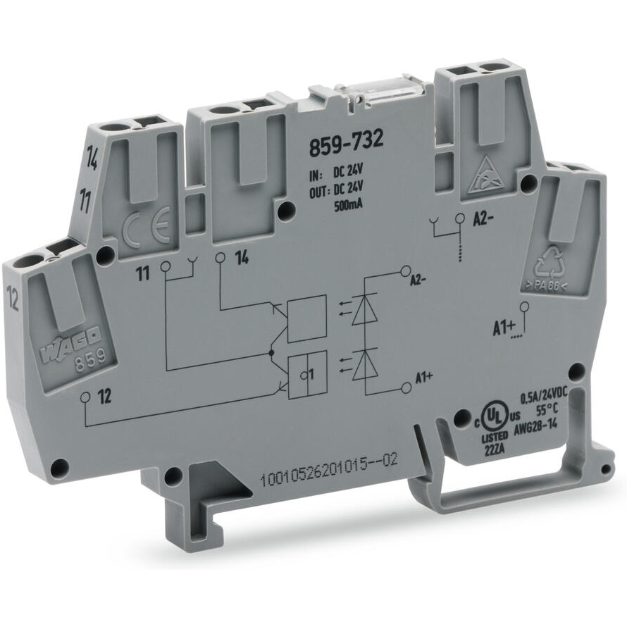 WAGO-859-732 光耦合器 Optocoupler Module, Nominal input voltage 24 VDC, Output voltage range 3-30 VDC, Limiting continuous current 0.5 A, 1 changeover contact, Red indicator, Module width 6 mm