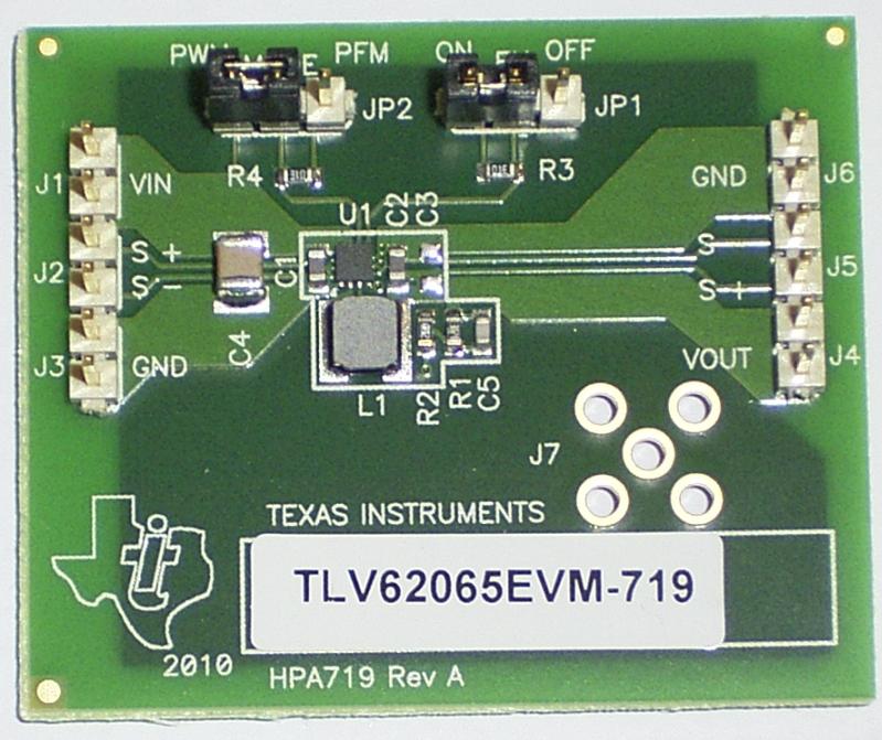 Texas Instruments-TLV62065EVM-719 Placas y kits de desarrollo de administración de potencia TLV62065 DC to DC Converter and Switching Regulator Chip 0.8V to 2.9V Output Evaluation Board