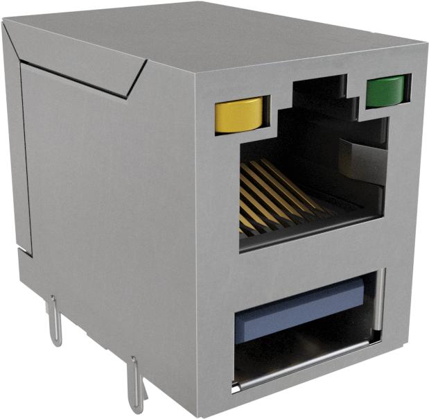 Amphenol Communications Solutions-RJE361882413 接口连接器 Conn RJ-45/USB 2.0 Type A F/F 8/4 POS 1.27mm/2mm/2.5mm Solder RA Thru-Hole 12 Terminal 2 Port Tray