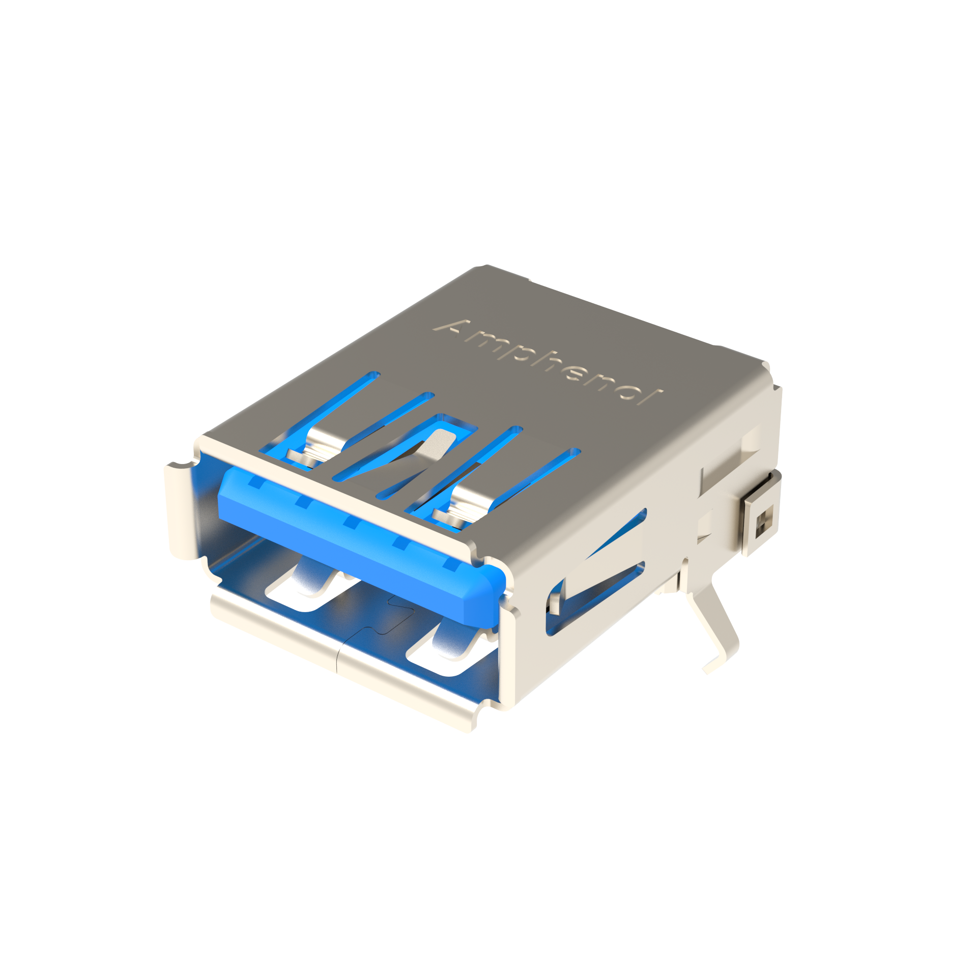 Amphenol Communications Solutions-GSB311131HR Connector USB USB 3.0, Type A, Receptacle, Right Angle, 9 Pins, Shell with Nickel Plating, 30 uin Gold, Dip 2.4mm, Blue High Temperature Housing, Tray Packaging