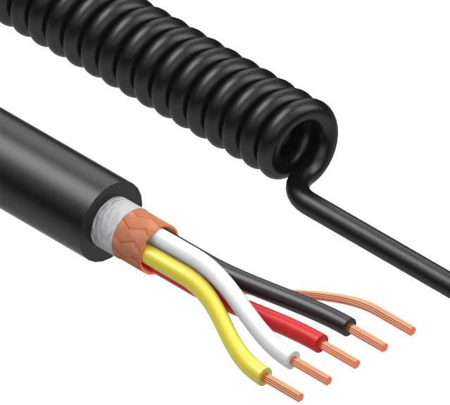 Tensility International-31-00051 Cavo a più conduttori Coiled Cable Braid Thermoplastic Elastomer 4Conductors 28AWG 4.2mm 300V Black Thermoplastic Polyurethane 1.115m