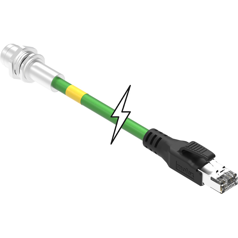 Molex-1201088794 Andere Kabelbaugruppen Micro-Change (M12) to Standard RJ-45 Double-Ended Cordset, 4 Poles, Female (Straight) to Male RJ-45 (Straight), 22 AWG, Green Shielded TPU Cat5e