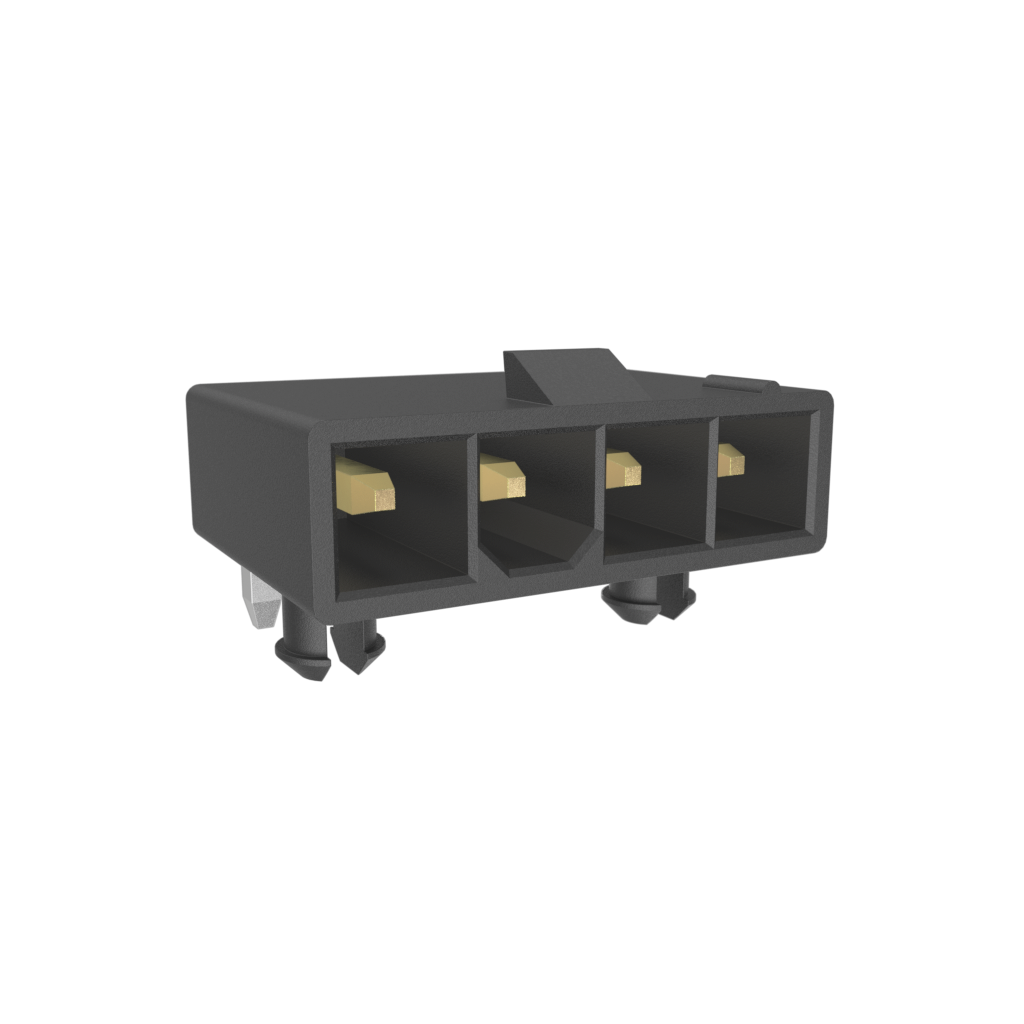 Amphenol Communications Solutions-10137784-04424LF Steckverbinderleisten und Leiterplattenbuchsen Minitek Reg Pwr 4.2 Hcc Wire To Board Connector Header Single Row Right Angle Through Hole Lcp 30 Gold Plating Black Color 4 Positions Non Glow Wire Compatible