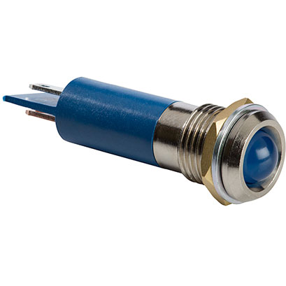 Bivar-MPC12-1BWD110V Panel Mount Indicators IP54 Rated Sealed Panel Mount Indicators, M12 Nut and Spring Lock Washer, 110V, Blue Housing, Blue LED, 8mm Blue Diffused Tinted Lens