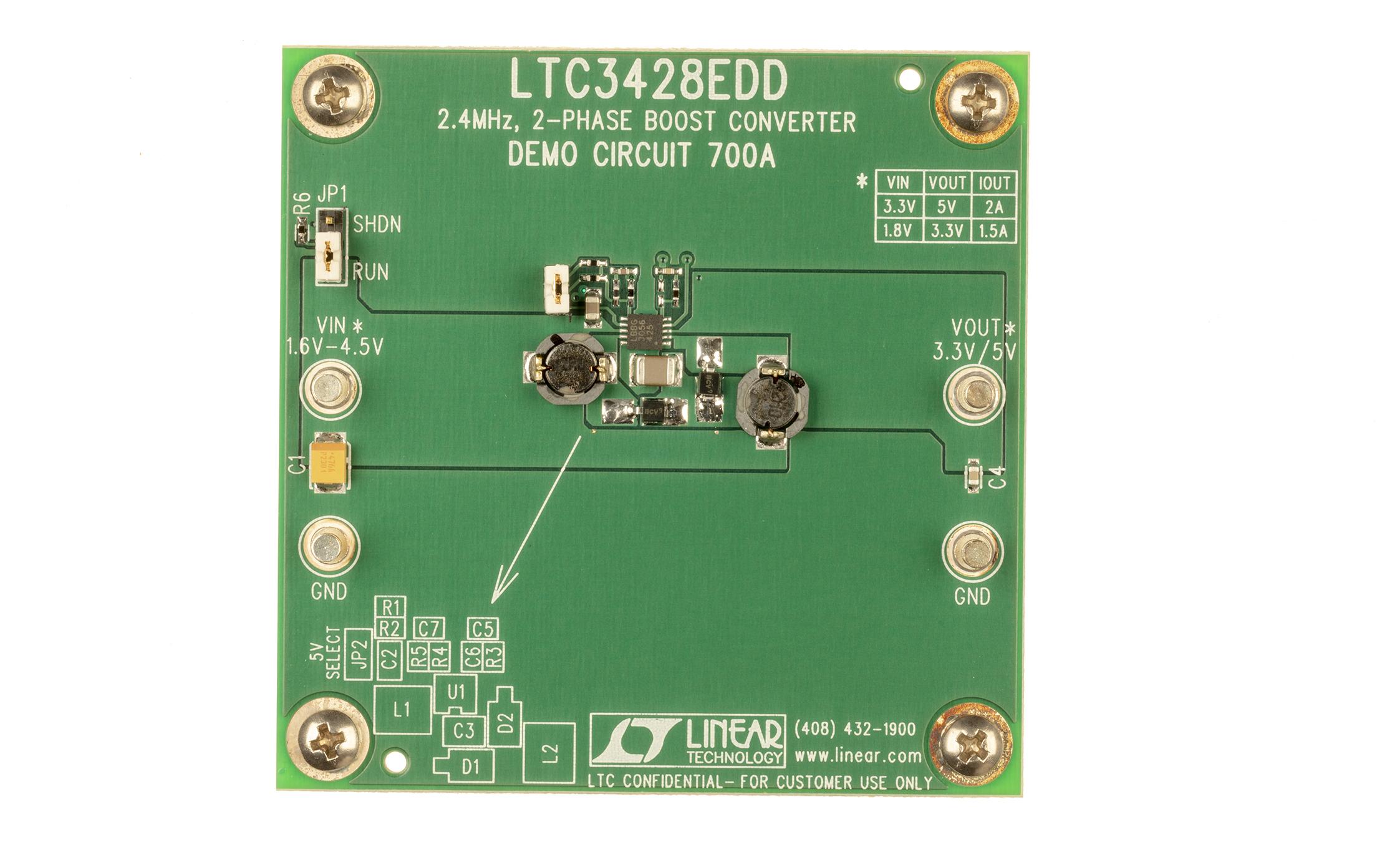 Analog Devices-DC700A Energiemanagement, Entwicklungsplatinen und -kits LTC3428EDD, 2.4MHz, 2-Phase Boost Converter, VIN = 1.6V - 4.5V, VOUT = 3.3V/5V