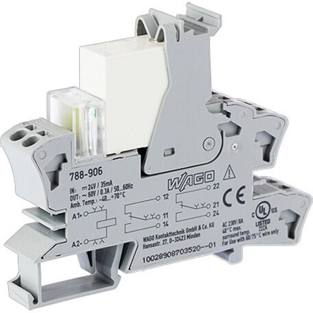 WAGO-788-906 Power Relays Relay module with driven contacts, Nominal input voltage: 24 VDC, 2 changeover contacts