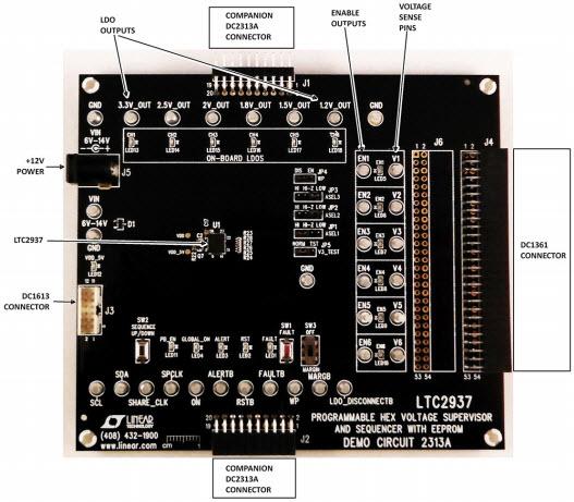 Analog Devices-DC2313A Power Management Development Boards and Kits LTC2937 Demo Board, Programmable Six Channel Sequencer and Voltage Supervisor with EEPROM [requires DC1613]