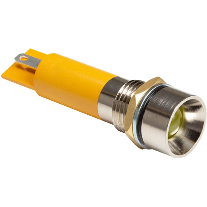 Bivar-MPR12-3YD110V Panel Mount Indicators IP54 Rated Sealed Panel Mount Indicators, M12 Nut and Spring Lock Washer, 110V, Yellow Housing, Yellow LED, 8mm Yellow Diffused Tinted Lens with Recessed Dome