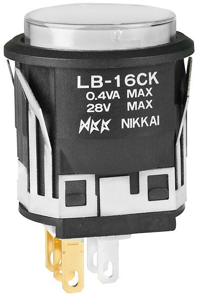 NKK Switches-LB16CKG01-6B-JB Interruttore a pressione Switch Push Button ON ON SPDT Round Button 0.1A 28VAC 28VDC 0.4VA Alternate Panel Mount Quick Connect/Solder Lug