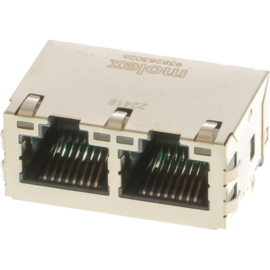 Molex-0938263006 Connector Telephone and Telecom Conn RJ-45 F/F 8/8 POS 1.27mm Solder RA Thru-Hole 28 Terminal 2 Port Tray