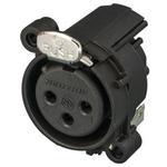 3 pole female XLR receptacle, grounding: separate ground contact to mating connector shell and front panel, horizontal PCB mount
