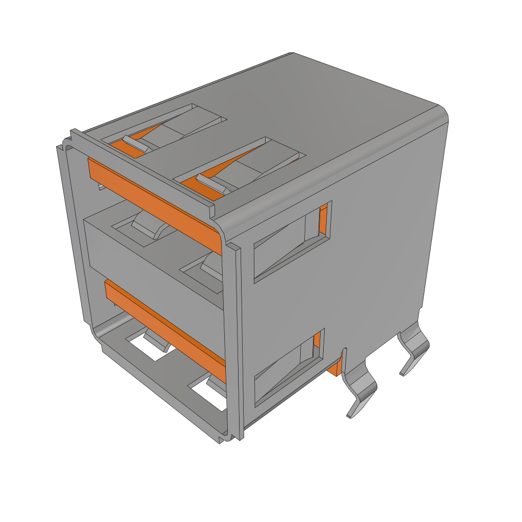 Samtec-USBR-A-D-F-O-TH Connector USB Conn USB 2.0 Type A RCP 4/4 POS 2.5mm/2mm Solder RA Thru-Hole 8 Terminal 2 Port Tray