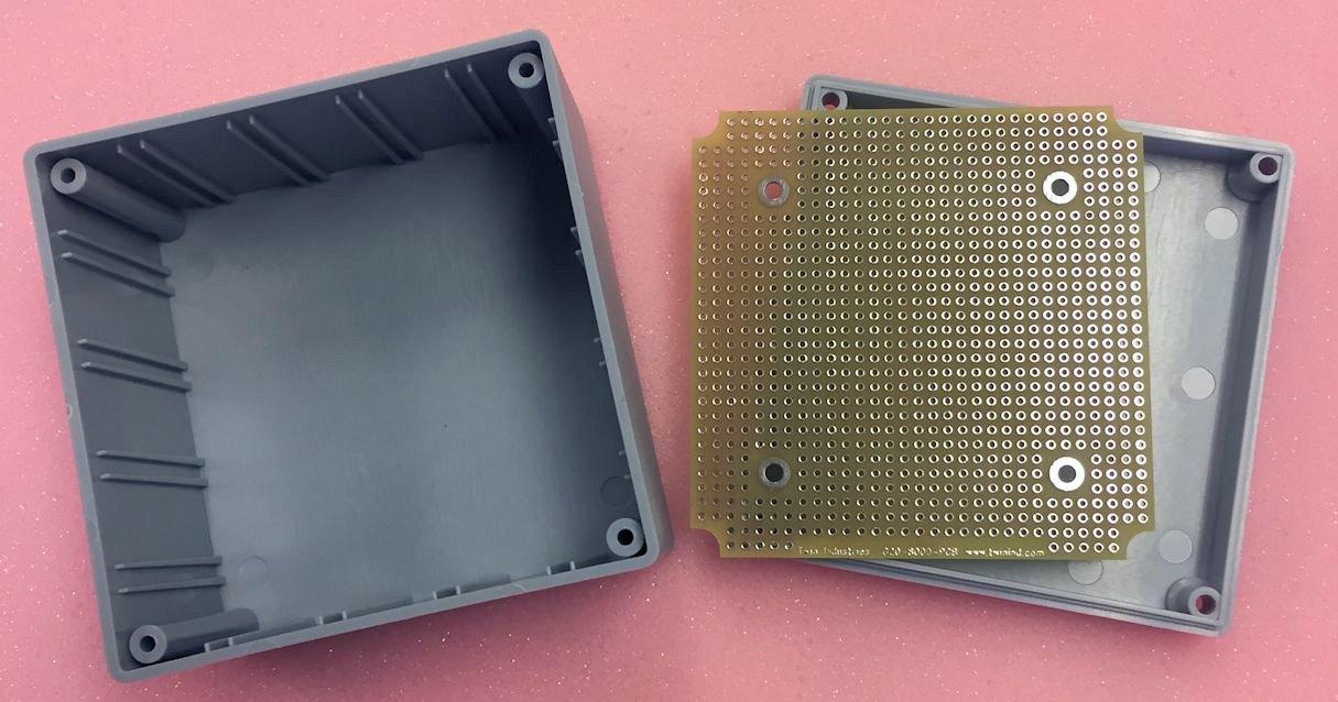 Twin Industries-G20-8000  Gray ABS Plastic Project Box with matching plated protoboard; FR4 0.062".  Box Dim = 3.5" x 3.5" x 2.2"