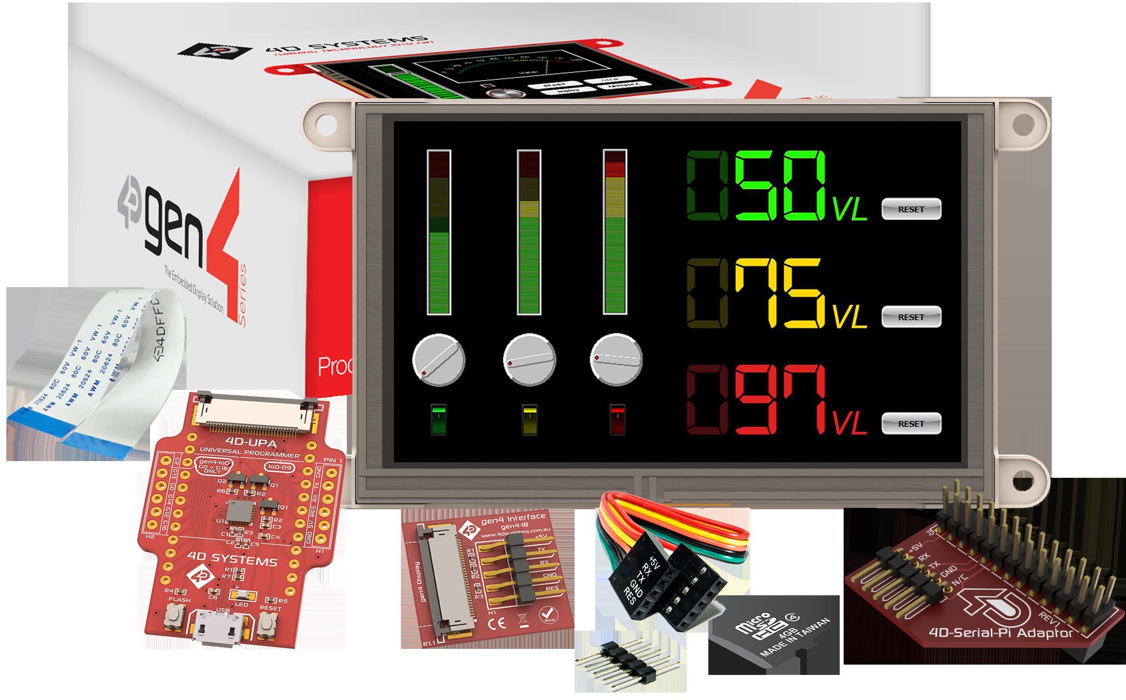 4D Systems-SK-GEN4-50D-SB-PI Entwicklungssätze und Werkzeuge Starter Kit for gen4-uLCD-50D-SB-PI with 4D Serial Pi Adaptor, 4D-UPA, 4GB Industrial microSD Card, 150 mm FFC Cable, 5-way female-to-female ribbon cable with male-to-male adaptor