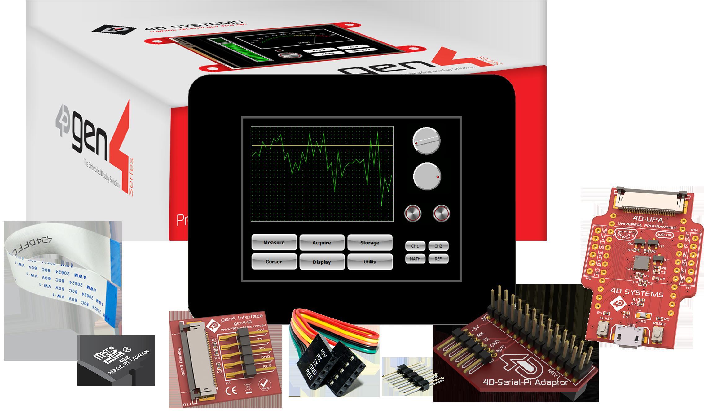 4D Systems-SK-GEN4-24D-CLB-PI Entwicklungssätze und Werkzeuge Starter Kit for gen4-uLCD-24D-CLB-PI with 4D Serial Pi Adaptor, 4D-UPA, 4GB Industrial microSD Card, 150 mm FFC Cable, 5-way female-to-female ribbon cable with male-to-male adaptor