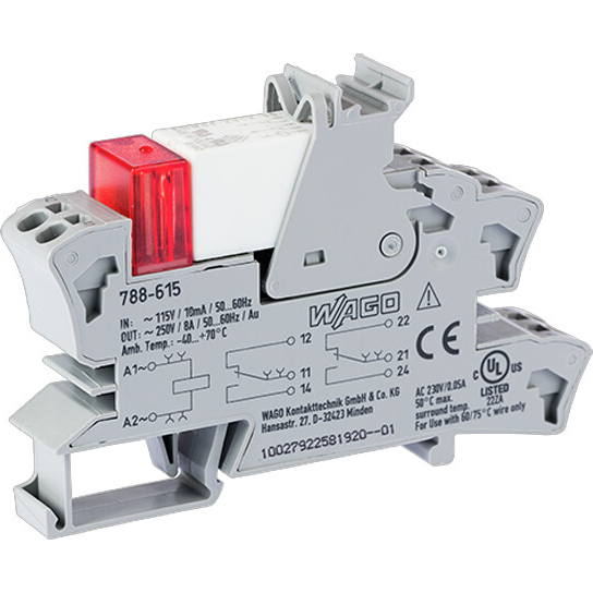 WAGO-788-615 继电器其他 Relay Module, Nominal input voltage 115 VAC, 2 changeover Contacts, Limiting continuous current 8 A, with gold Contacts, Red indicator, Module width 15 mm