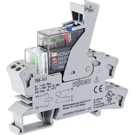 WAGO-788-341 继电器其他 Relay Module, Nominal input voltage 24 VDC, 1 changeover Contact, Limiting continuous current 16 A, with manual operation, Red indicator, Module width 15 mm