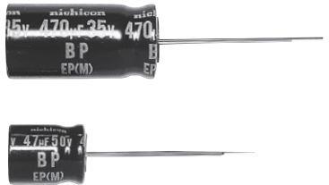 Nichicon-UEP1C331MPD1TD Capacitor de aluminio Cap Aluminum Lytic 330uF 16V 20% (10 X 16mm) Radial 5mm 0.265A 1000h 105°C Ammo