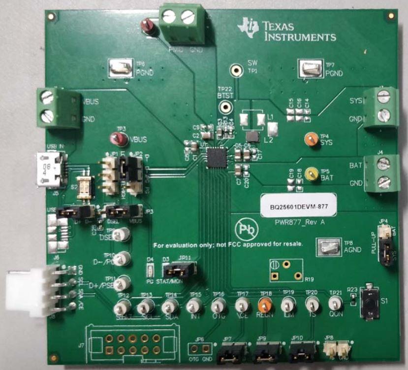 Texas Instruments-BQ25601DEVM-877 Power Management Development Boards and Kits BQ25601D Battery Management Evaluation Board