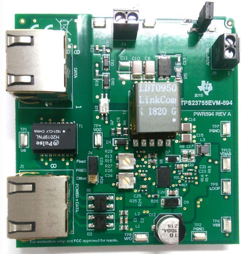 Texas Instruments-TPS23755EVM-894 Placas y kits de desarrollo de administración de potencia TPS23755 Power Over Ethernet Controller 12V Output Evaluation Board