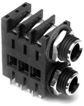 Amphenol-ACJS-MHDC 音频及视频连接器 Conn 1/4" Stereo Jack F/F 6 POS 3.1mm/3.25mm Solder RA Thru-Hole 12 Terminal 2 Port