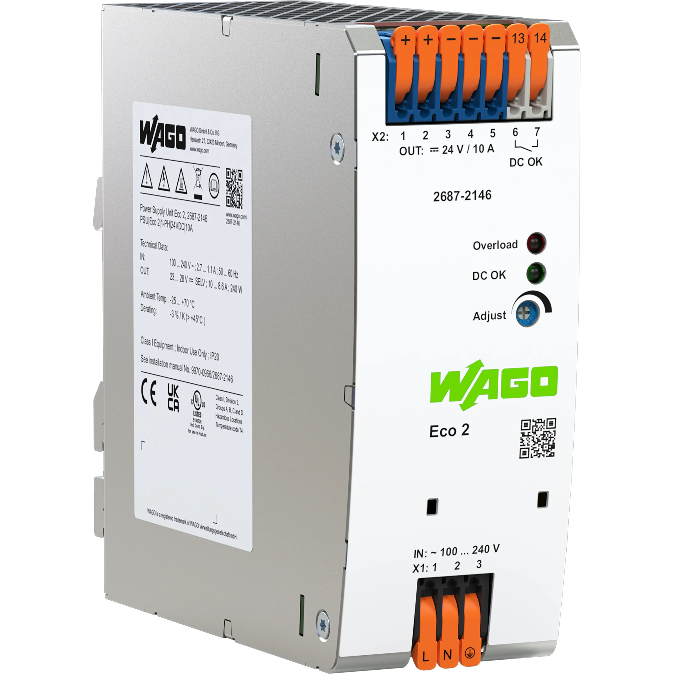 WAGO-2687-2146 AC-DC-Spannungsversorgung AC/DC Power Supply Single-OUT 24V 10A 240W 8-Pin