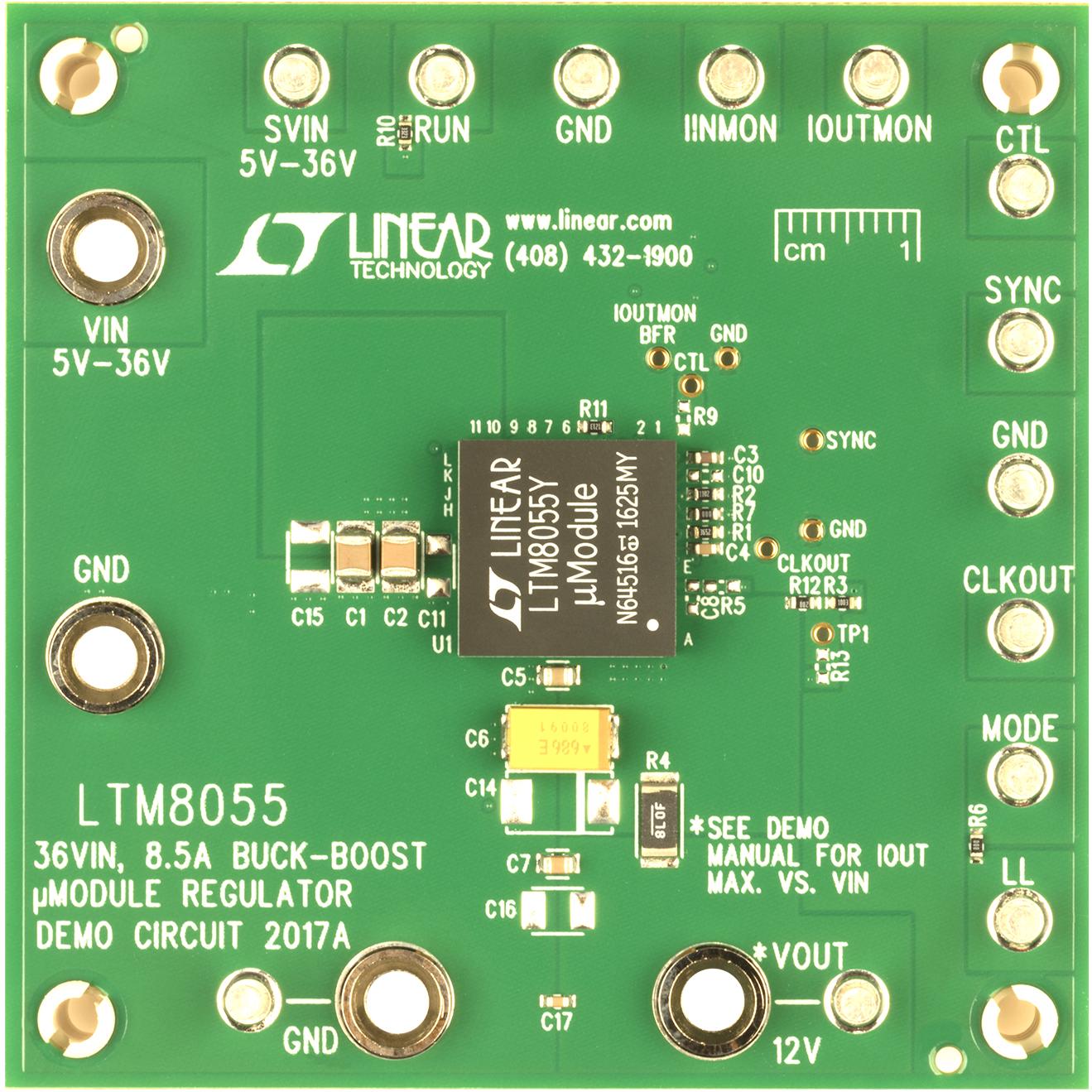 Analog Devices-DC2017A Kit e schede di sviluppo gestione della potenza LTM8055 Demo Board, Buck-Boost uModule Regulator, 5V ≤ VIN ≤ 36V, VOUT = 12V at 6A