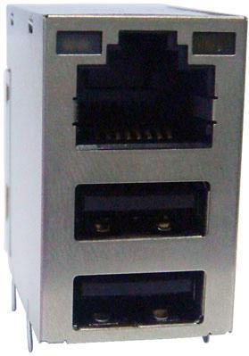 Abracon-ARJU31B-MCSM-AD-B-GLT2 Interfaz de conector Conn RJ-45 Integrated Magnetics/Dual USB (3)RCP 8/4/4 POS Solder RA Thru-Hole 22 Terminal 1/1/1 Port Tray