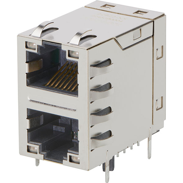 Molex-2245390003 Steckverbinder, Telefon und Telekommunikation MXMag Gigabit Ethernet8 Core Non-PoE 2x1 RJ45 Connector,28.40mm Depth, 3.20mm Phy Pin Length,Right-Angle, with Shield Tabs, with Green-Yellow LEDs, Industrial Temperature, Tray