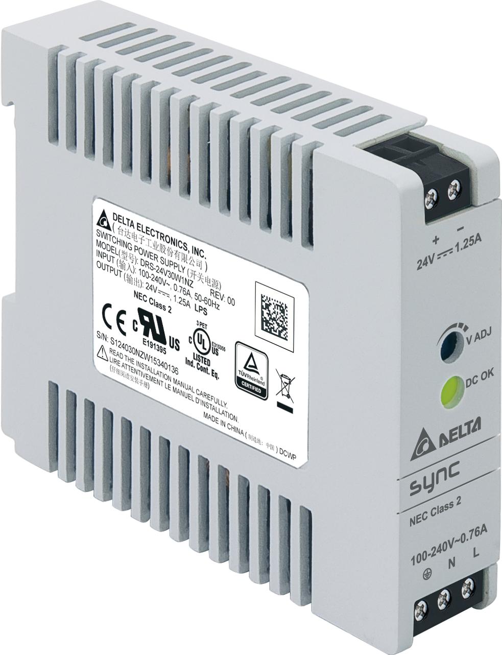 Delta Electronics-DRS-24V30W1NZ AC to DC Power Supplies AC/DC Power Supply Single-OUT 24V 1.25A 30W 5-Pin Carton