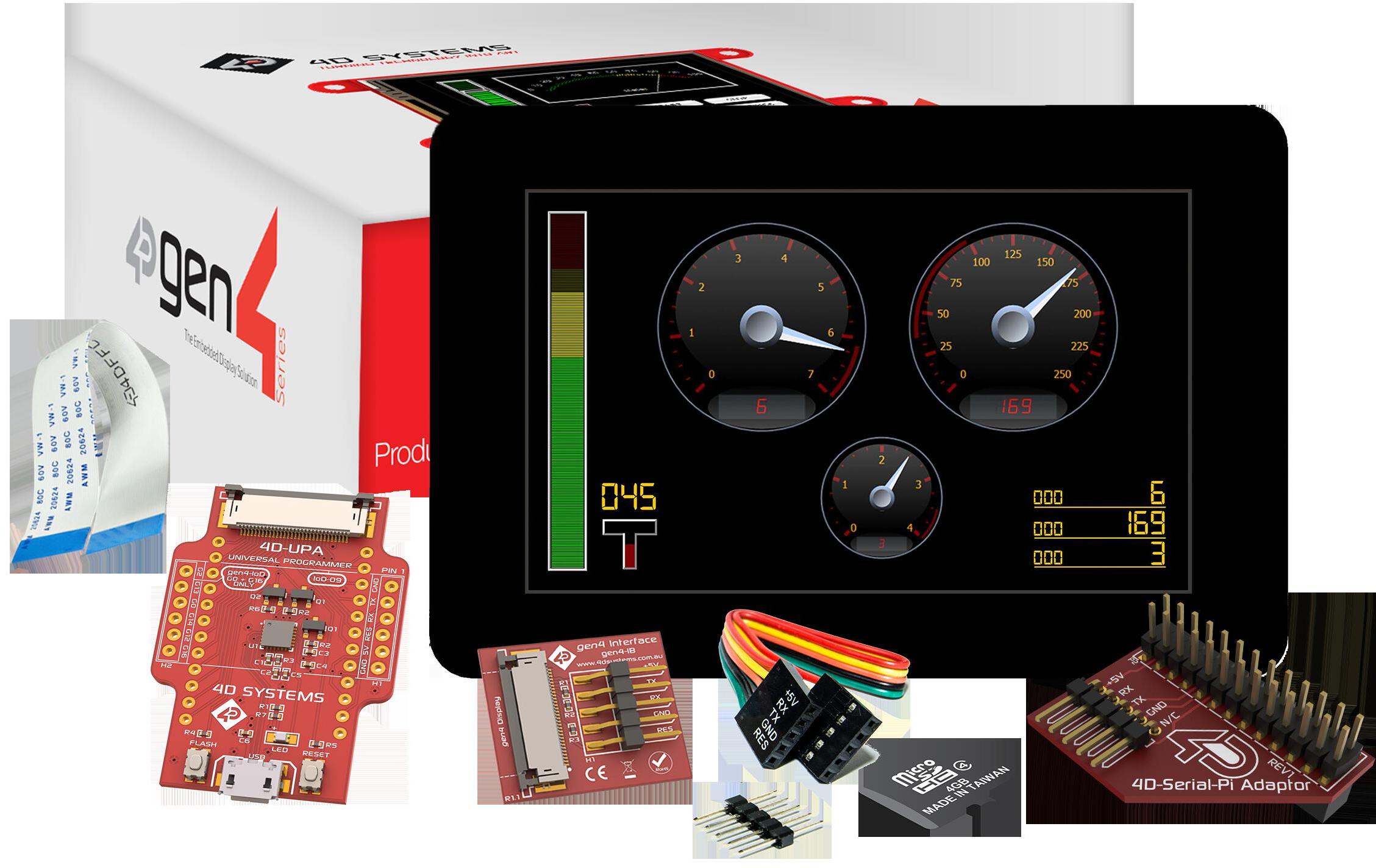 4D Systems-SK-GEN4-50D-CLB-PI Entwicklungssätze und Werkzeuge Starter Kit for gen4-uLCD-50D-CLB-PI with 4D Serial Pi Adaptor, 4D-UPA , 4GB Industrial microSD Card, 150 mm FFC Cable, 5-way female-to-female ribbon cable with male-to-male adaptor