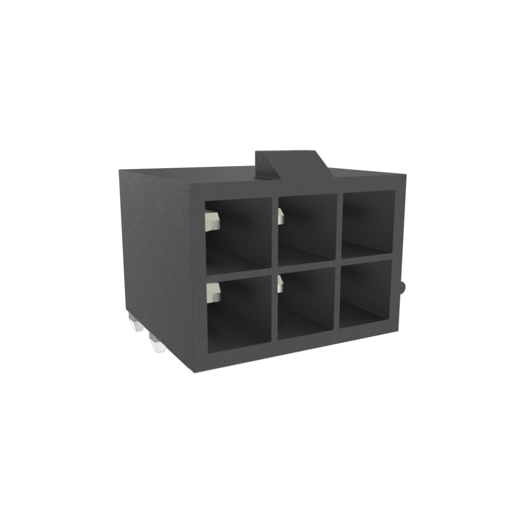 Amphenol Communications Solutions-10127819-06221LF Steckverbinderleisten und Leiterplattenbuchsen Minitek® Pwr4.2 header, Dual row, Right-Angle Through hole, Tin plating, Black Color, 6 positions, Non Glow Wire Compatible