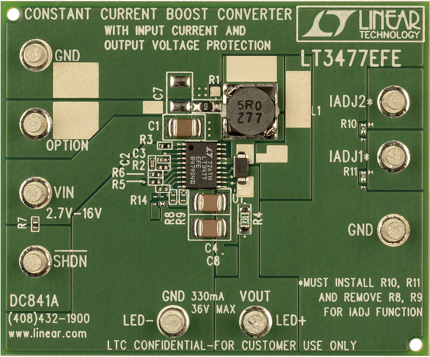 Analog Devices-DC841A Kits et outils de développement LT3477EFE, Constant Current Boost LED Driver, 2.7V ≤ VIN ≤ 16V, VLED up to 36V @ 330mA