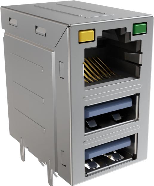 Amphenol Communications Solutions-RJE361882415 接口连接器 Conn RJ-45/Dual 3.0 Type A (3)F 8/9/9 POS 1.27mm/2mm/2.5mm Solder RA Thru-Hole 26 Terminal 3 Port Tray