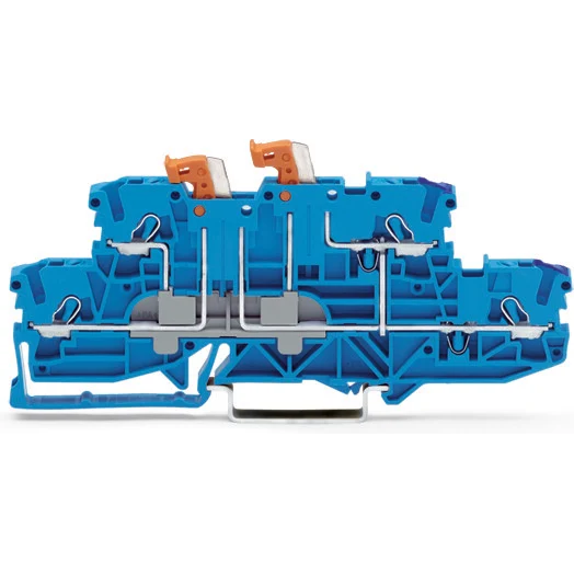 WAGO-2002-2959 Steckverbinder, Klemmenblöcke Double-deck double-disconnect Terminal Block, 2 knife disconnects, internally commoned, rail mount, 2-Conductor, 5.2 mm wide, blue