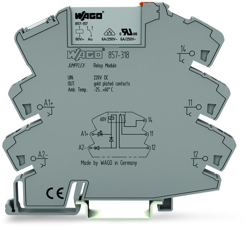WAGO-857-318 Sonstige Relais Relay Module, Nominal input voltage 110 VDC, 1 changeover Contact, Limiting continuous current 6 A, with gold Contacts, Yellow indicator, Module width 6 mm