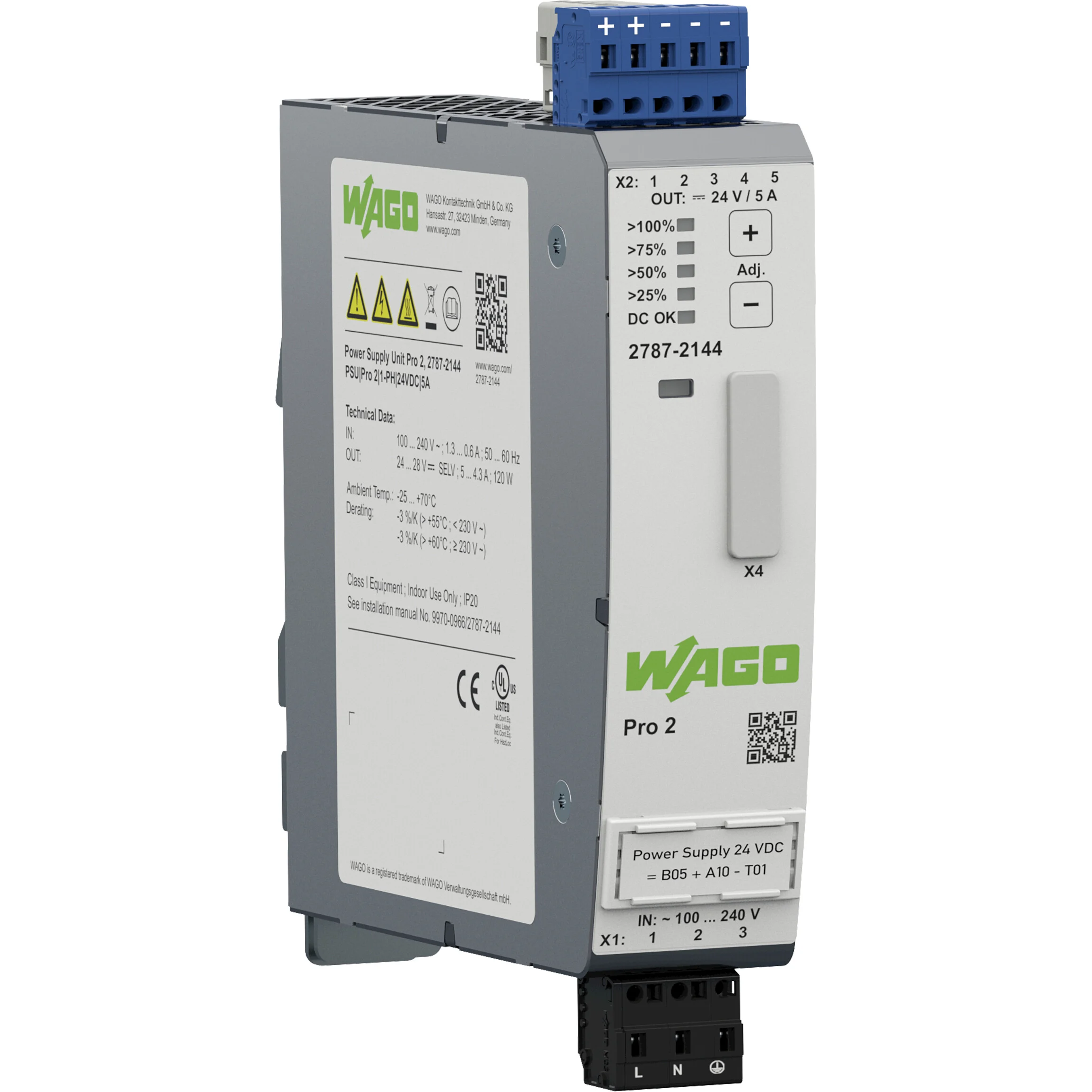 WAGO-2787-2144 AC-DC-Spannungsversorgung Power supply Pro 2 1-phase 24 VDC output voltage 5 A output current
