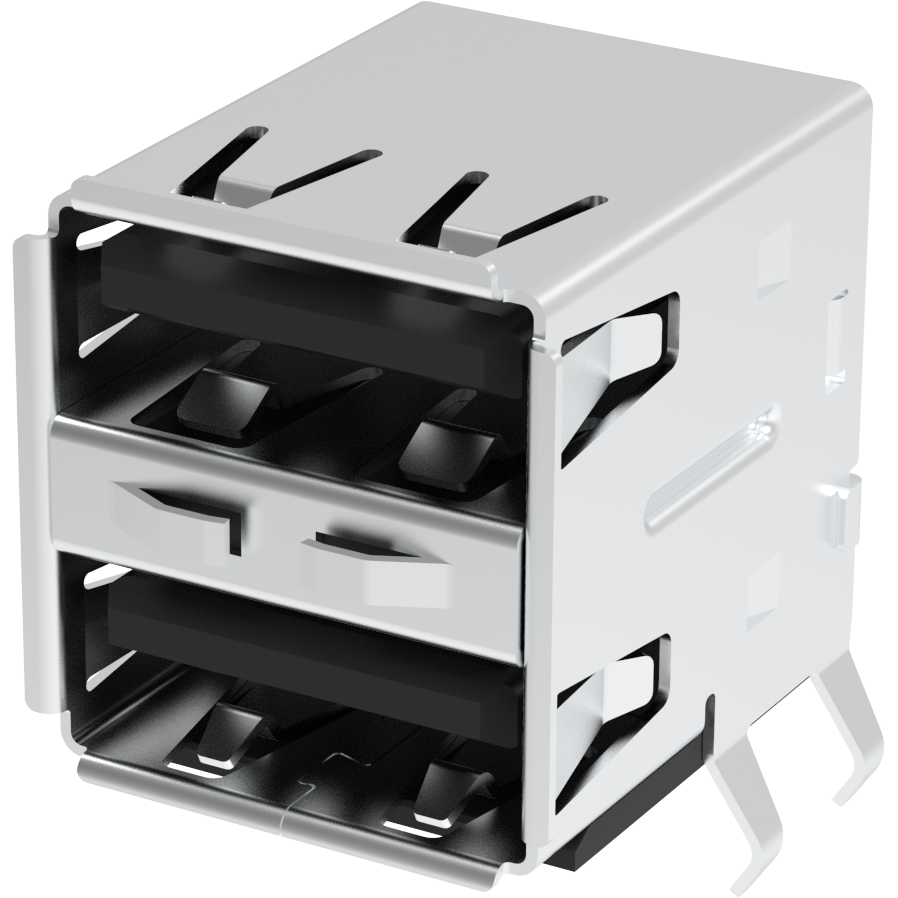 Amphenol Communications Solutions-105012306400A Connector USB USB 2.0, Type A, Receptacle, Right Angle Stacked, 8 Pins, Front Spring, Shell with Nickel Plating, Gold Flash, Dip 2.8mm, Black Housing, Tray Packaging