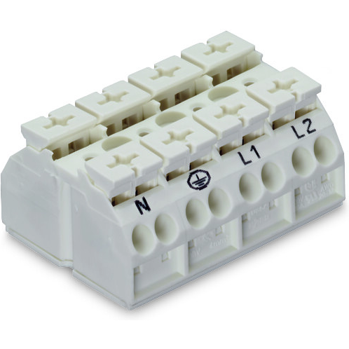 WAGO-862-8694 Steckverbinder, Klemmenblöcke 4-Conductor Chassis-mount Terminal Strip, Snap-in foot at pos. 1+4, N-PE- L1-L2, with ground contact, 4-Pole