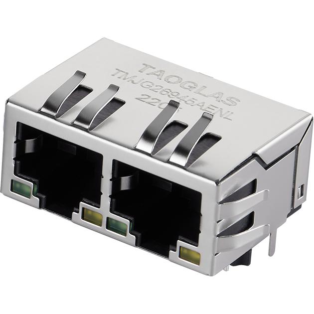 taoglas-TMJG26945AENL | RJ45 Integrated Connectors Telecomunicaciones y teléfono del conector Conn RJ-45 F 16 POS 1.27mm Solder RA Thru-Hole 28 Terminal 2 Port Tray