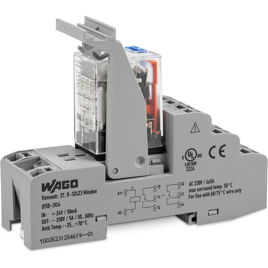 WAGO-858-304 Relè elettromeccanico Electromechanical Relay 24VDC 650.4Ohm 5A 4PDT(31x73x97)mm Socket Industrial Relay