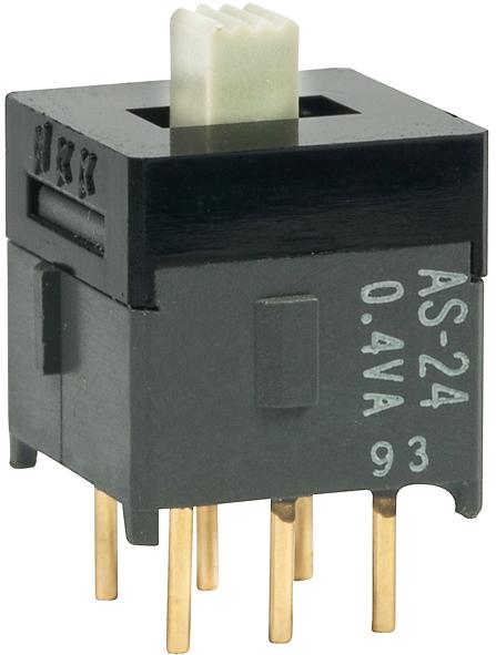 NKK Switches-AS24AP Schiebeschalter Switch Slide ON ON ON SP3T Top Slide 0.1A 28VAC 28VDC 0.4VA 50000Cycles PC Pins Thru-Hole