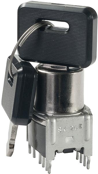 NKK Switches-SK24EG13 Schlüsselschalter Switch Key Lock ON ON ON DP3T 45° Flat Key 0.1A 28VAC 28VDC 0.4VA PC Pins 30000Cycles Bracket Mount/Through Hole