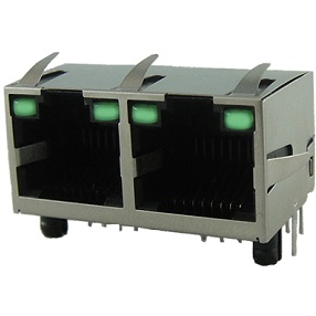 Amphenol Communications Solutions-RJE392886490 Connettore telefono e telecomunicazione Conn Modular Jack F 16 POS 1.02mm Solder RA Thru-Hole 24 Terminal 2 Port Cat 3/Cat 5 Tray