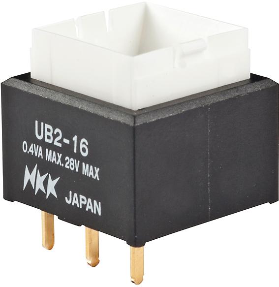 NKK Switches-UB216SKG03N Switch Push Button Switch Push Button ON ON SPDT Square Button 0.1A 28VAC 28VDC 0.4VA Alternate Thru-Hole PC Pins